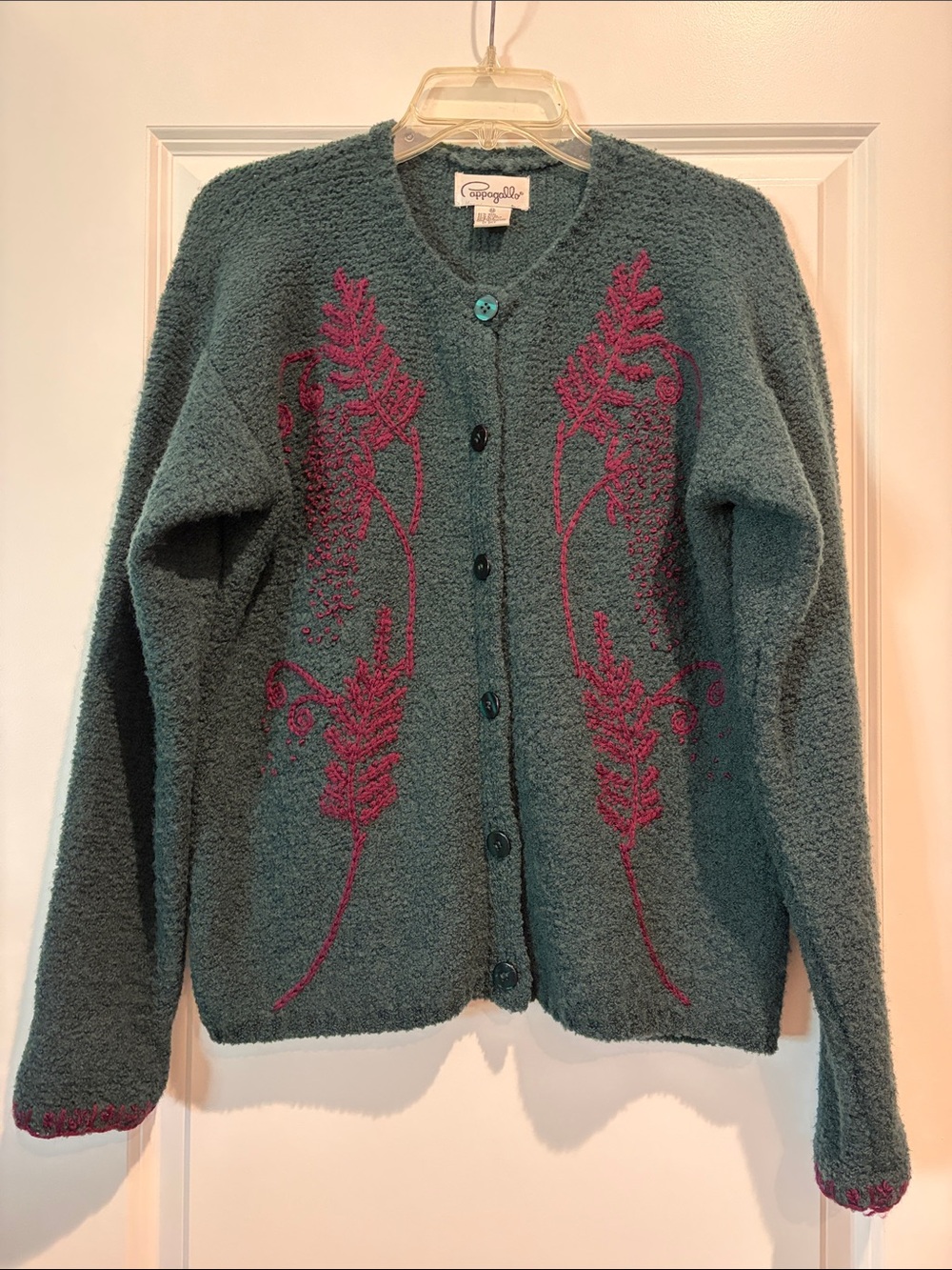 Pappagallo Dark Green Wool Blend Grandma core Cardigan with Purple Embroidery, M